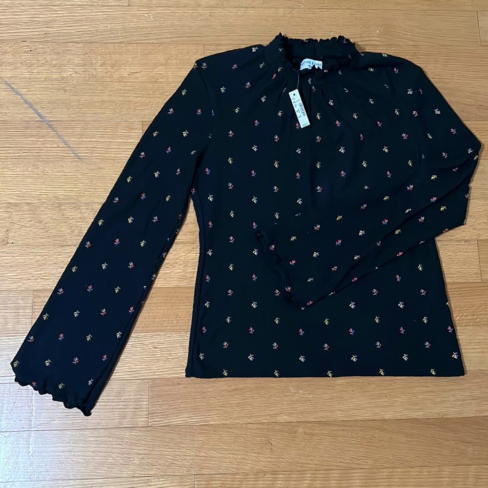 Madewell Texture & Thread Ruffled Mockneck Top in Rainbow Buds /Black Medium NWT